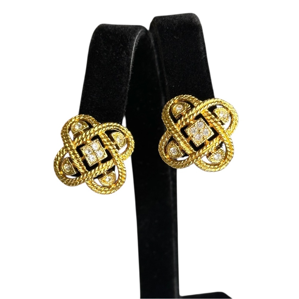 Vintage Gold Tone Rope Texture Rhinestone Pierced Stud Earrings